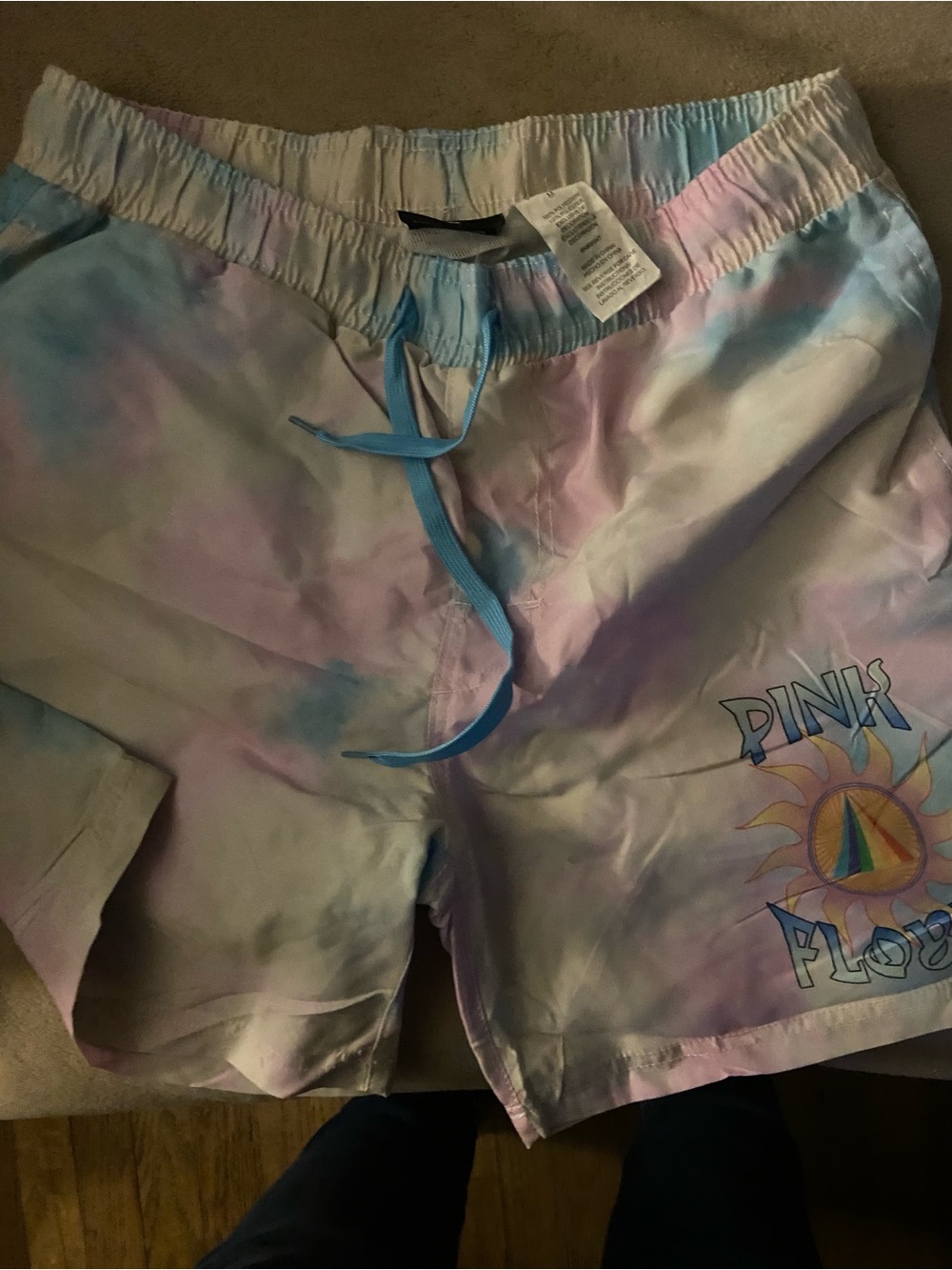Pink Dolphin Pastel Tie-Dye Swim Trunks with Blue Drawstring